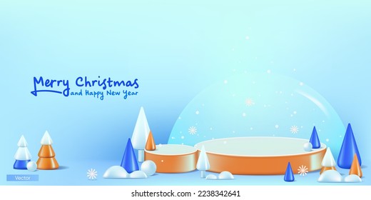 Ilustración vectorial del estadio de estudio de Navidad con árbol, nieve, copo de nieve. Navidad Azul y Feliz Año Nuevo de fondo. 3d decorativo realista.