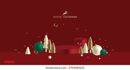 Ilustração vetorial do pódio do estúdio de Natal com árvore e neve. Natal vermelho e feliz ano novo fundo. 3d decorativo realista.