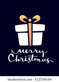 Vector illustration of christmas stylization gift box with handwritten text merry christmas on dark background. Hand draw flat style design for web, site, banner, poster, print, greeting card