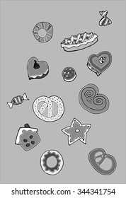 Vector illustration of christmas sweets. Monochrome graphic, shades of grey, hand drawing.