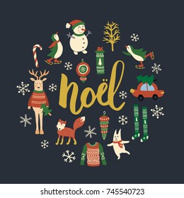 vector illustration with Christmas symbols arranged in a circle, dark blue background