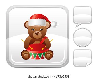 Vector illustration of christmas teddy bear toy in Santa hat icon with drum, baby toy holiday gift Blank button form set - square, speaking bubble, circle, sticker.
