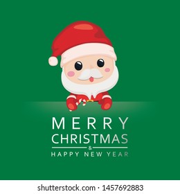 Vector illustration christmas template. Cute Santa claus with text on green background.