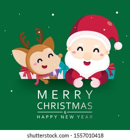 Vector illustration christmas template. Cute Santa claus and reindeer with text on green background.