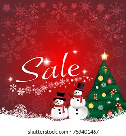 Vector and illustration Christmas theme with cute snowman, christmas tree, snowflake and SALE word on red background