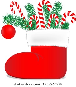 Vector illustration for Christmas theme. Decorative Christmas boot, tree branches and traditional sweets.