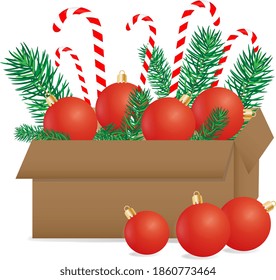 Vector illustration for Christmas theme. Gift box with decorative red balls, tree branches and traditional candies.