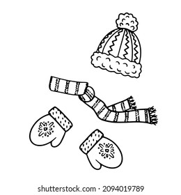 vector illustration christmas theme linear drawing sketch doodle winter hat mittens scarf