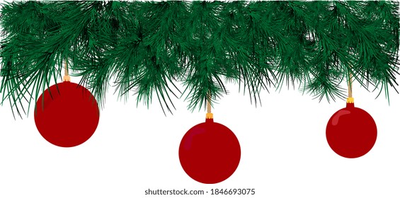 Vector illustration for Christmas theme. Christmas tree branches decorated with red decorative balls.