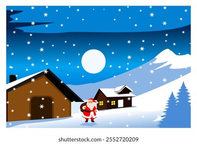 
vector illustration of christmas theme winter mountain view background with house and Santa Claus in front of it, suitable for background, wall decoration, christmas theme.