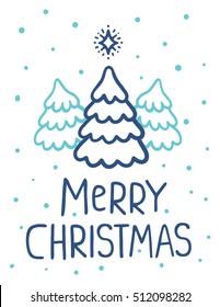 Vector illustration of christmas three fir trees with handwritten text merry christmas and snow on white background. Hand draw stylized design for web, site, banner, poster, print, greeting card