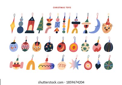 Vector illustration with Christmas toys. Big collection of colorful toys with different ornaments. Festive image dedicated to Christmas and New Year celebration. Decoration.