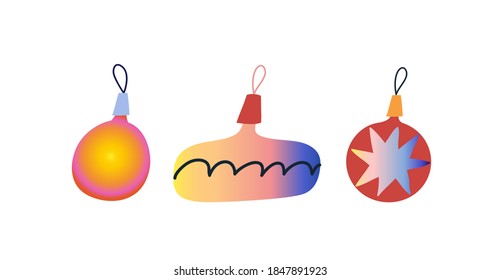 Vector illustration with Christmas toys. Collection of colorful toys with abstract elements and gradients. Festive image dedicated to Christmas and New Year celebration. Decoration.