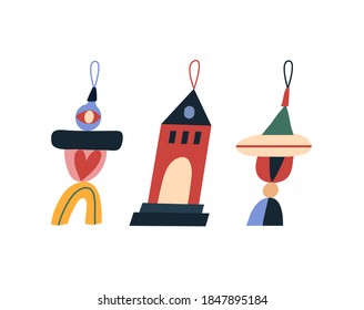 Vector illustration with Christmas toys. Collection of colorful toys with abstract elements. Festive image dedicated to Christmas and New Year celebration. Decoration.
