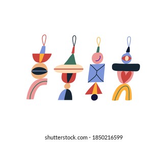 Vector illustration with Christmas toys. Collection of colorful toys with abstract elements. Festive image dedicated to Christmas and New Year celebration. Decoration.