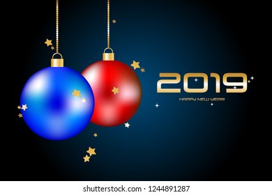 Vector illustration of Christmas toys and stars on a night sky.Happy New Year 2019
