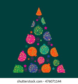 Vector illustration of Christmas tree with Christmas ball on a green background.