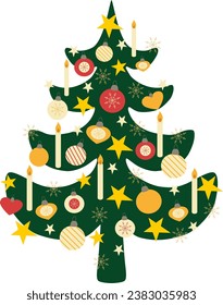 Vector illustration of Christmas tree with balls and candles 