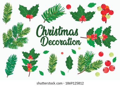 Vector illustration Christmas Tree and berry collection bundle design. Christmas decorations. Holly, red berries, pine tree, christmas tree