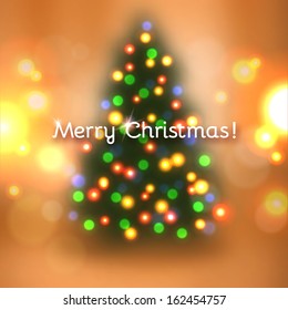 Vector illustration of Christmas tree. Blurred background with yellow flare lights and bokeh.