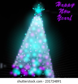 Vector illustration of Christmas tree and blurred photographic background, garland and text
