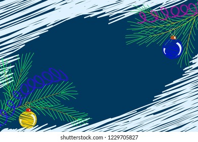 Vector illustration, Christmas tree branch with new year ball on a blue background.