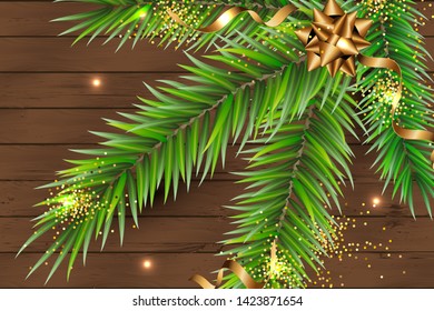 Vector illustration with Christmas tree branch on dark wood textured background. Place for text. Great for greetings, party invitation, New year, Christmas cards, banner, header, poster, web.