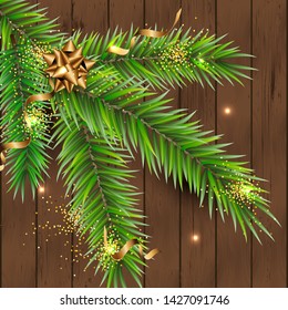 Vector illustration with Christmas tree branch on dark wood textured background. Place for text. Great for greetings, party invitation, New year, Christmas cards, banner, header, poster, web.