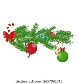 Vector illustration of Christmas tree branch with red and green toys, bow, ribbons, snowflakes and candy cane