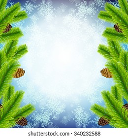 Vector Illustration of Christmas tree branch on snowflake texture for Design, Website, Background, Banner. Xmas Pine decoration Element Template. 