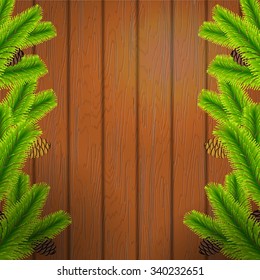 Vector Illustration of Christmas tree branch on wood texture for Design, Website, Background, Banner. Xmas Pine decoration Element Template. 