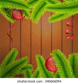 Vector Illustration of Christmas tree branch on wood texture for Design, Website, Background, Banner. Xmas Pine decoration Element Template. With ball and confetti
