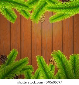 Vector Illustration of Christmas tree branch on wood texture for Design, Website, Background, Banner. Xmas Pine decoration Element Template. 