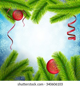 Vector Illustration of Christmas tree branch on Snowflake texture for Design, Website, Background, Banner. Xmas Pine decoration Element Template. With ball and confetti