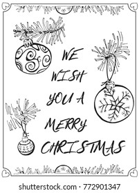 Vector illustration of a Christmas tree branch decorated with holiday balls. Greeting card.
