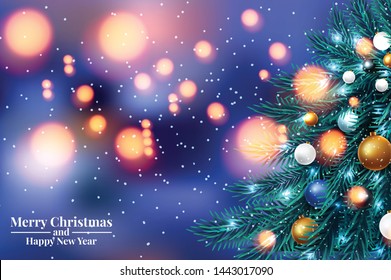 Vector illustration of christmas tree branches on a dark night bokeh background with blurred lights