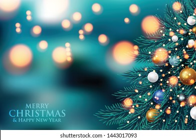 Vector illustration of christmas tree branches on a dark night bokeh background with blurred lights