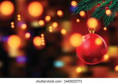 Vector illustration of christmas tree branches on a dark night bokeh background with blurred lights