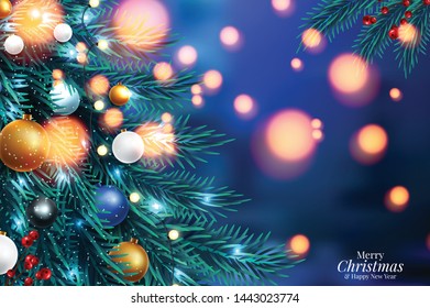 Vector illustration of christmas tree branches on a dark night bokeh background with blurred lights