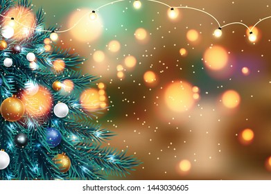 Vector illustration of christmas tree branches on a dark night bokeh background with blurred lights
