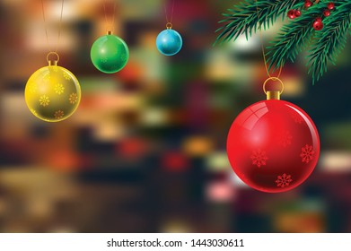 Vector illustration of christmas tree branches on a dark night bokeh background with blurred lights