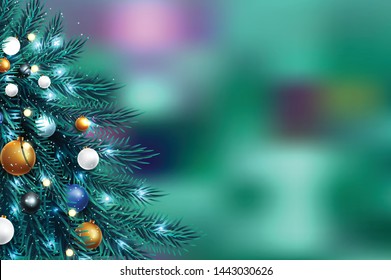 Vector illustration of christmas tree branches on a dark night bokeh background with blurred lights