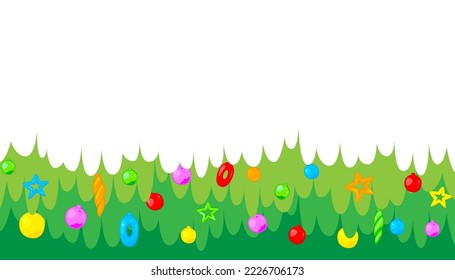 Ilustración vectorial de las ramas de árboles de Navidad decoradas con fondo de adornos de navidad. 
Feliz Navidad y Feliz Año Nuevo