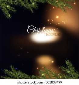 Vector illustration of christmas tree branches on a dark night bokeh background with blurred lights. Beautiful decorative backdrop for New Year postcards, posters, prints and invitations.