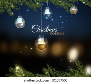 Vector illustration of christmas tree branches with silver balls on dark night bokeh background with blurred lights. Beautiful decorative backdrop for New Year postcard, poster, print or invitation.