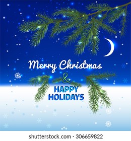 Vector illustration of christmas tree branches on a night background with glittering lights. Beautiful backdrop for New Year postcards, posters, prints and invitations.