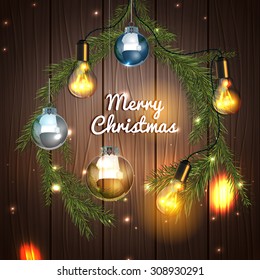 Vector illustration of christmas tree branches with silver balls and handmade lightbulb garland on wooden background. Beautiful decorative backdrop for New Year postcard, poster, print or invitation.