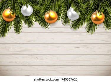 Vector illustration Christmas tree branches on wooden background with space for your text. Blank background.