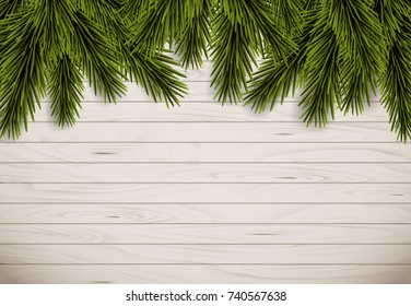 Vector illustration Christmas tree branches on wooden background with space for your text. Blank background.