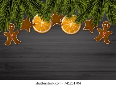 Vector illustration Christmas tree branches on wooden background with space for your text. Blank background with orange and gingerbread.